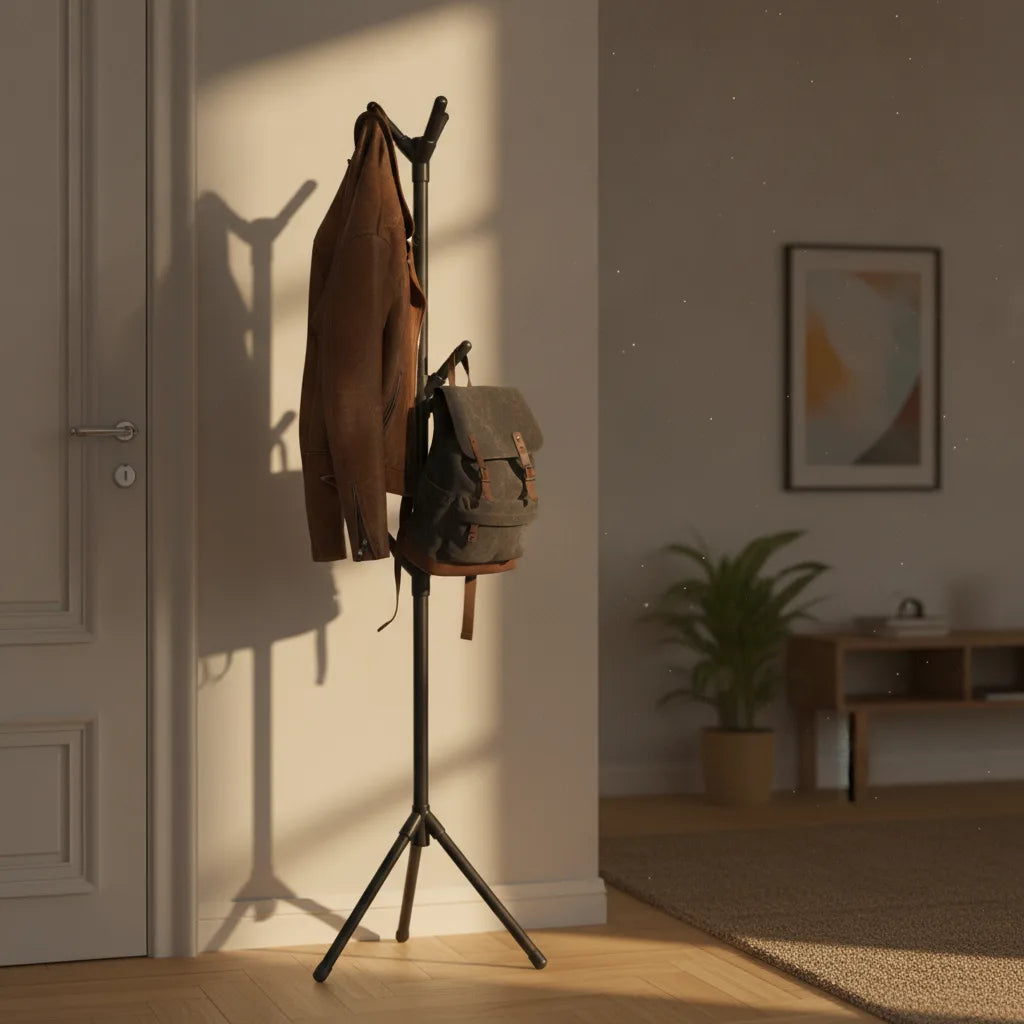 Porte-vêtements sur pied noir avec manteaux dans un intérieur lumineux