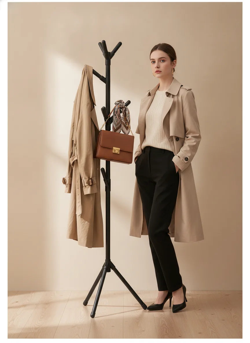 Femme en trench à côté d'un porte-vêtements noir sur trépied avec manteau et sac